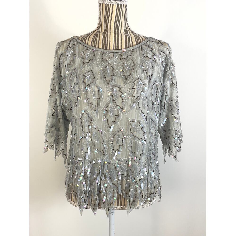 Vintage Scala Gray Sequined Beaded Cocktail Party Pullover Top Size Medium